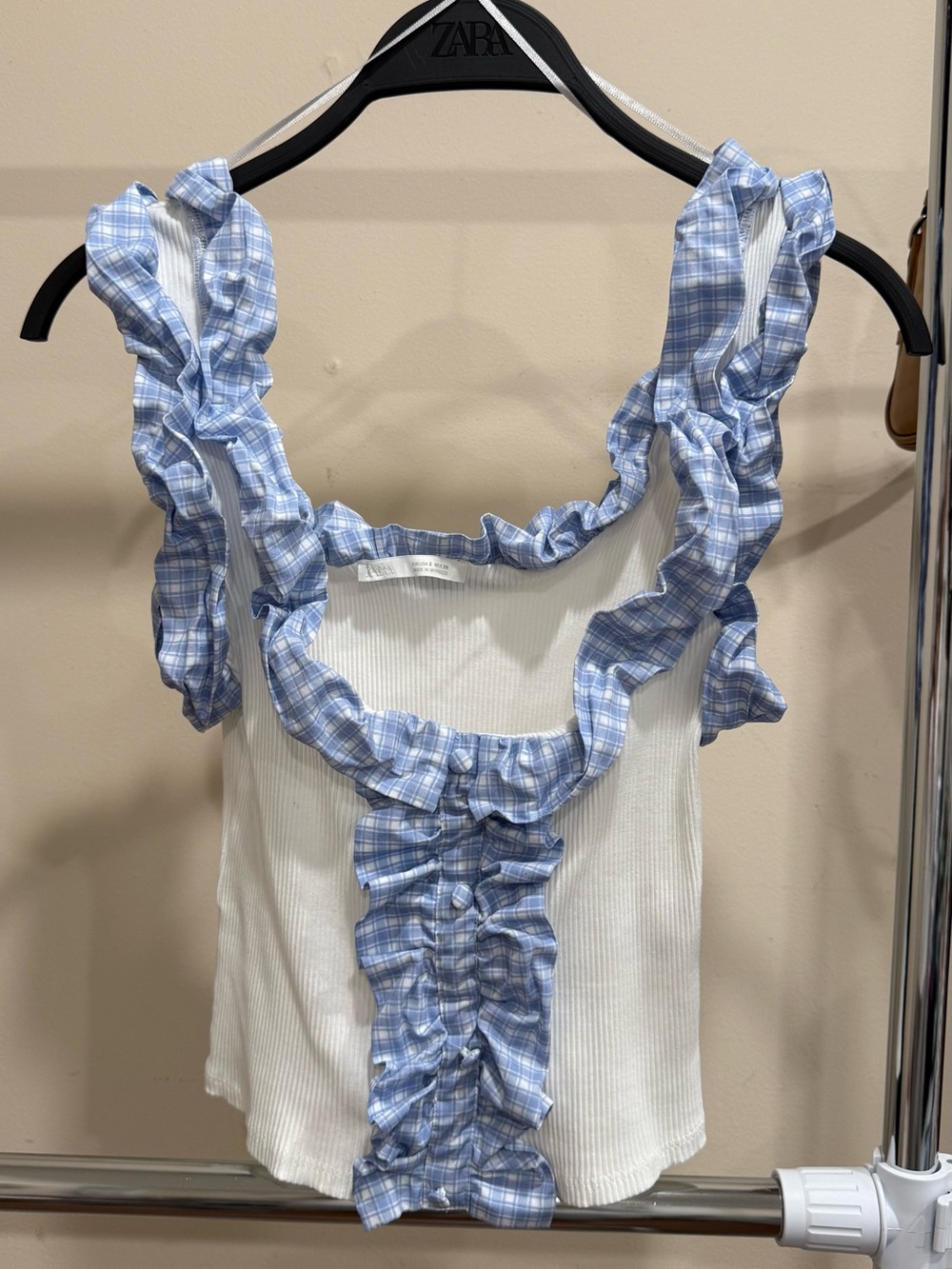 ZARA White Ribbed Plaid Ruffle Top Size S Blue White Cotton